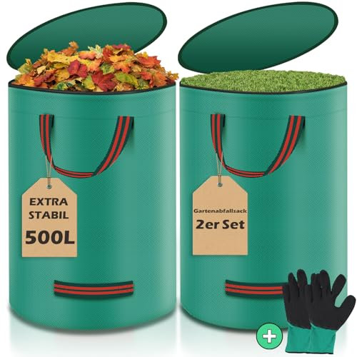 Miaglury 2X 500L Gartenabfallsack inkl. Handschuh, Laubsack Gartensack mit Deckel und 4 Griffen, Stabil Selbststehend Gartenabfallsäcke Garten Laubsammler Abfallsack Laubsäcke für Gartenabfälle