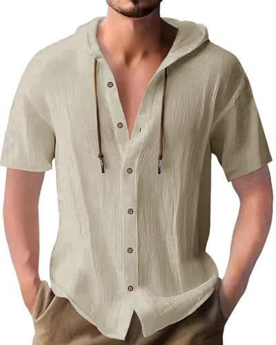 PRIVIMIX Chemise pour Hommes Manches Courtes Boutonnée Chemises à Capuche Lin Coton Regular Fit Été Plage Shirt Kaki L