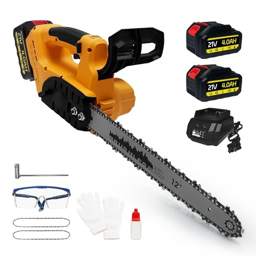 bycpower 12 Zoll Akku Kettensäge für Makita 18V, 2x 4000mAh, Bürstenlose Elektro Kettensäge mit Automatischem Öler & Ersatzkette, Handkettensäge Akku für Gartenscheren Astschere Holzschneidenz