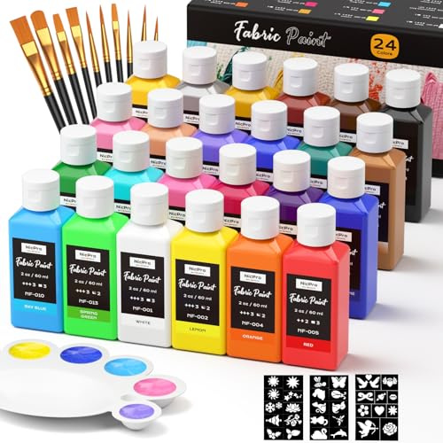Nicpro 24 Colors Fabric Paint (2oz/60ml), Permanent Soft Fabric Paint Set with Brushes, Palette, Stencils, Non-Toxic Textile Paints for Fabric DIY Crafts, T-Shirts, Shoes, Jeans, Bags, Furniture, Art | Permanent Soft Acrylic Fabric Paint Set, Non-Toxic Textile Paint for DIY Crafts, T-Shirts, Shoes, Jeans, Bags, Art Supplies