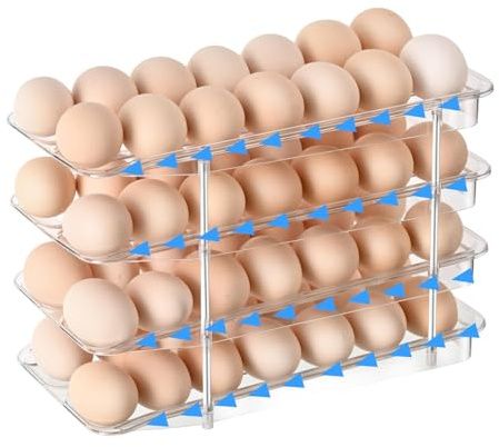 STORICANS Egg Holder Fridge,4 Tier Clear Eggs Boxes Organiser with Auto-Roll Design, Adjustable Height Egg Storage Container Plastic Dispenser Holds Up to 56 Eggs for Refrigerator,Kitchen Cabinet