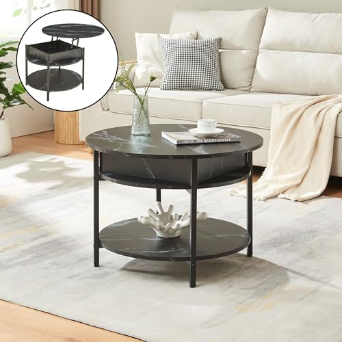 [en.casa] Mesa de Centro Kandas Mesa Baja Redonda con Tablero Elevable con Compartimento Interno y Estante Mueble Auxiliar Mesita para Salón 70 x 49 cm - Efecto mármol Negro