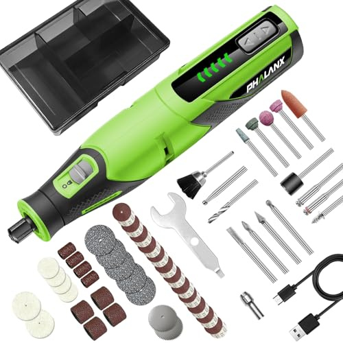 PHALANX Cordless Rotary Tool with 64 pcs Accessories, 2500mAh 4V Li-ion Battery, Type-C Fast Charging, 5 Speed 25000RPM Electric Grinder for Polishing, Engraving, Sanding, DIY Crafts (Green)