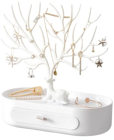 Hiuyavy Antler Jewellery Stand, Antler Jewellery Organiser Stand with Drawer, White Plastic 3-in-1 Antlers Jewellery Display Stand for Necklaces, Bracelets, Rings and Earrings