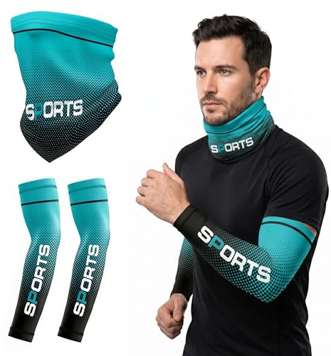 FIQLUL 2 Piezas Mangas para Brazos y Braga Cuello para Hombre, Manguitos Ciclismo de Seda de Hielo con Protección UV, Transpirables para Running, Pesca y Deportes al Aire Libre, Azul Claro, Talla L