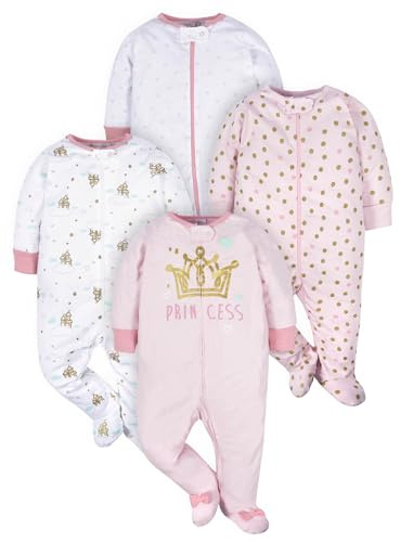Gerber 4 pack Baby Girls' CASTLE Zip Front Sleep ‘n Plays with Mitten Cuffs