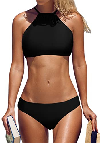 beautyin Womens High Neck Bikini Swimsuit Sports Halter Top Bathing Suit Black
