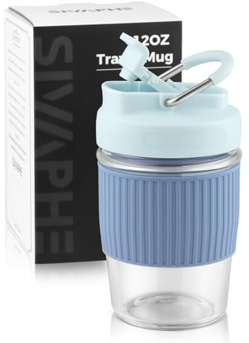 Sivaphe Glass Cup Reusable Travel Mug Tumbler with Handle Lid for Tea, Coffee Home Office 350ML(12OZ) Blue Silicone Sleeve