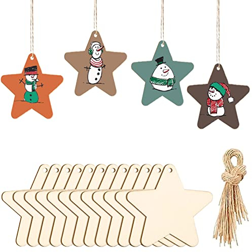 DAHI 50pcs Christbaumschmuck Anhänger Weihnachtsdeko Holzanhänger mit Schnur DIY Weihnachtsbaum Hängende Ornamente Arbeit Handgemachte für Weihnachten Deko (Stern)