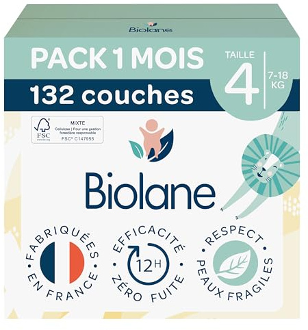 Biolane Pannolini Ecologici, Taglia 4, 7-18 kg, Confezione da 1 Mese, 3 Pacchi da 44 Pezzi, 132 Pezzi Totali, per Pelli Sensibili, Assorbenti