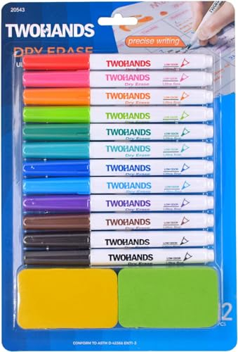 TWOHANDS Whiteboard Marker Set mit 2 Radierern,12 Whiteboard Stifte Dünne Spitze,11 Farben, Rundspitze 0.7mm,Abwischbar - für Flipchart,Magnettafel,Memoboard,20543