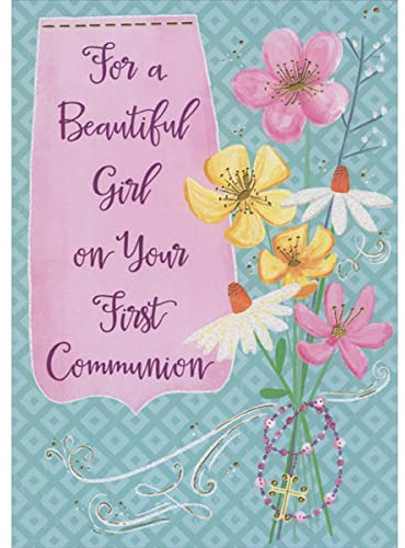 Designer Greetings Pink, Yellow and Sparkling White Flowers Tied with Pink Rosary on Blue Diamond Patterns 1st / First Communion Congratulations Card for Girl