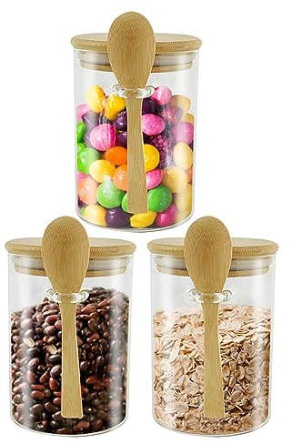 Surplex 3 Pcs Glass Jars with Airtight Lid and Spoon Sleeves Set for Storage, Overnight Oats Container with Lid, Bath Salt Containers 530ml, Decorative home Kitchen Jar for Coffee/Tea/Sugar/Spice