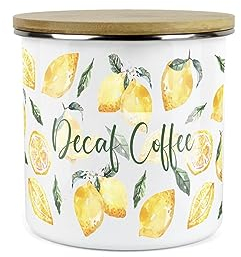 Purely Home Lemons Decaf Coffee Canister - White Metal Enamel Medium Sized Kitchen Food Storage Container
