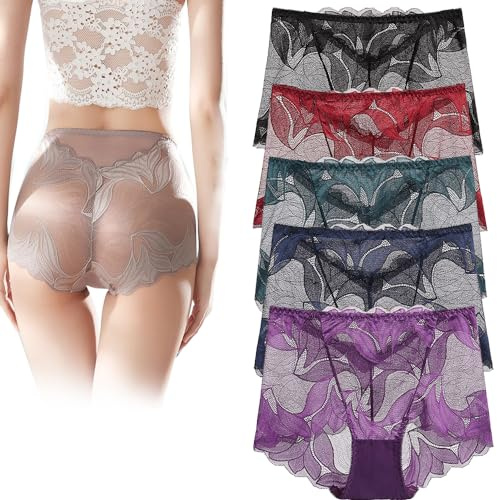 KURTIK Sous-vêtements Faits à la Main en Dentelle de Soie pour Dames, Culottes en Dentelle brodées Creuses, Culottes de Levage de Hanches sans Couture, sous-vêtements Sexy (5 pièces-B,XL)