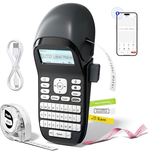 Phomemo LT12 Etichettatrice, Bluetooth Stampante per Etichettatrice Etichette Adesive, Etichettatrici portatile con tastiera QWERTZ Per Casa, L'ufficio,Stampa su Etichette Serie da 3.5 a 12 mm