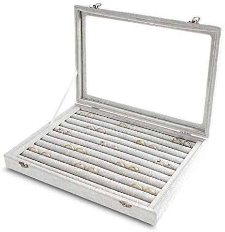 Frebeauty Rings/Earrings Organiser Tray with Clear Lid 10 Slots Velvet Drawer Insert Jewellery Storage box with Glass lid Jewellery Display Case Showcase Gift for Girls Women (Grey, 10 Slots)