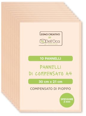 Carte Dozio - Legno creativo by Dell’Oca 10 Fogli A4 Compensato in Pioppo spessi 3mm - Qualità B/BB - Fogli di Legno Multistrato per Decorazione, Pirografia, Fai Da Te, Modellismo, Pittura