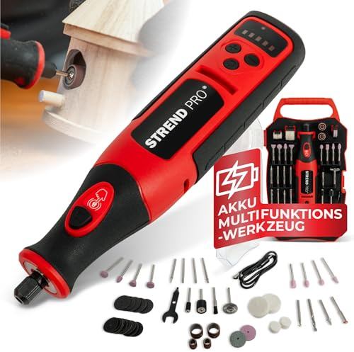 STREND PRO Akku Multifunktionswerkzeug | Rotationswerkzeug 8 V, 1500 mAh| Gravur Gerät | Mini Schleifer mit Zubehör | Schleifen, Gravieren, Bohren, Polieren - für Holz, Glas, Kunststoff, Alu