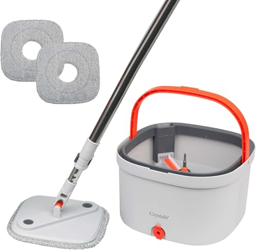 Spin Mop and Bucket Set for Floor Cleaning – Compact Cleaning System with 360° Rotating Head, 2 Refill Microfibre Pads, Squeeze Wringer Washing Dry Mop Set (Square Mop & Bucket with 2 Pads)
