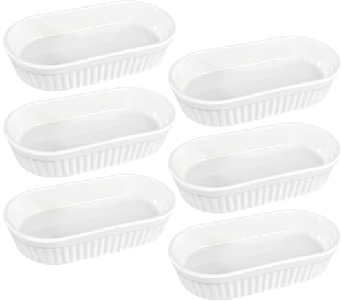 6 Pièces Ramequins Crème Brûlée 7oz, Moules à Soufflé en Porcelaine Ovale Longue, Résistants au Four pour Desserts, Tartes, Pudding, Sauces & Mini Gâteaux