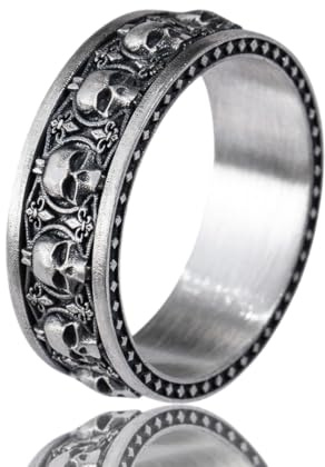 VALLEER Men’s Skull Band Ring For Men – 925 Sterling Silver Rings For Men, Gothic Wedding Band, Vintage Oxidized Skull Design, Bold Biker Statement Jewelry, Boyfriend Gifts For Him (9)