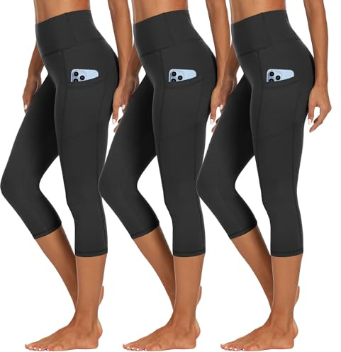 HIPOWER Pack de 3 leggings para mujer con bolsillos, pantalones deportivos capri, pantalones 3/4, pantalones capri, cintura alta, yoga, verano, leggings deportivos para fitness y gimnasio, Negro*3