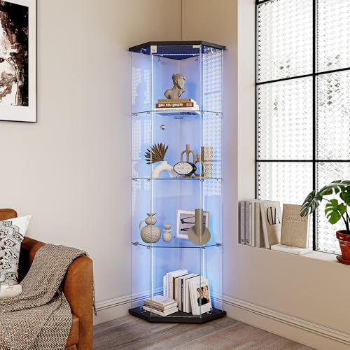 Vetrina in vetro con LED, vetrina da collezione Pentagono, trasparente vetrina in vetro con 4 strati con 1 porta, su piano moderno vetrina temprata per soggiorno bar, camera da letto, ufficio (B)