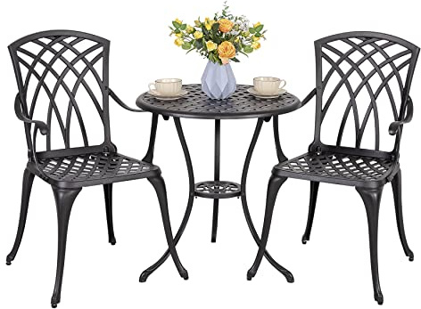 Avestar Ensemble Bistro 3 Pièces en Aluminium Coulé, Table Ronde avec Trous à Parasol Ø5cm et 2 Chaises, Salon de Jardin Extérieur Résistant aux Intempéries, pour Terrasse, Balcon, Cour, Jardin, Noir