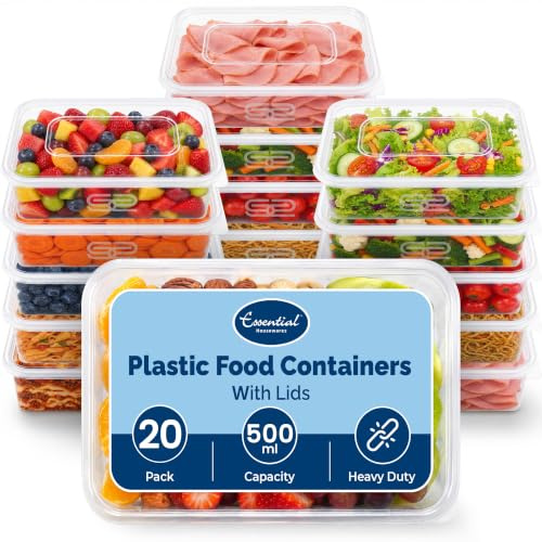Euro Classic Essential Housewares - 20 contenitori per alimenti in plastica con coperchio, 500 ml, senza BPA, a prova di perdite, contenitori per la preparazione dei pasti, riutilizzabili, contenitori