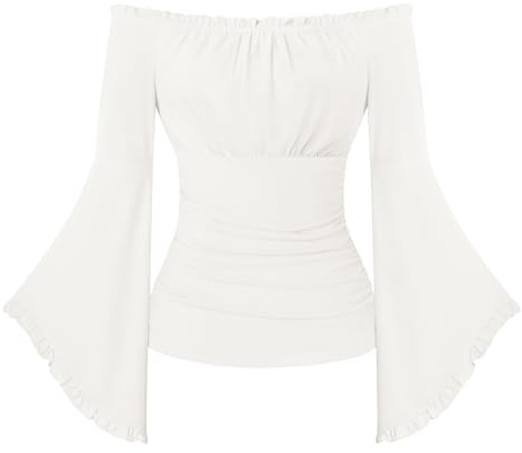 SCARLET DARKNESS Renaissance Pirate Wrap Top Women Off the Shoulder Flare Sleeve Blouse Medieval Gothic Halloween Costume White XXL