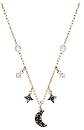 Swarovski Symbolic necklace, Moon and star, Black, Rose-gold tone plated