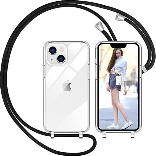 Nupcknn Funda Transparente con Cuerda para iPhone 14, Carcasa Suave Silicona Case con Correa Colgante Ajustable Collar Correa de Cuello Cadena Cordón 1.5M(6.1,Negro)
