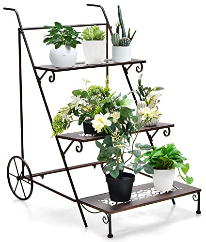Giantex 3-Tier Metal Flower Cart, Ladder Shaped Plant Stand w/ Wheels & Handle, Exquisite Pattern, Rolling Garden Cart for Indoor & Outdoor, Folding Plant Holder for Balcony Garden Porch