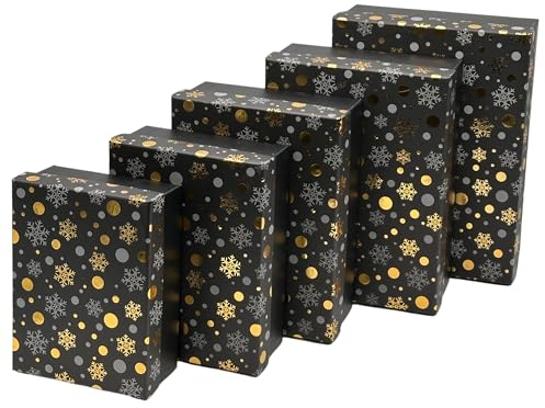 Bambelaa! 5er Set Geschenkboxen Kartonage Weihnachts Design Kisten Schachteln Geschenk Schwarz Gold Geschenkverpackung Geschenkschachtel mit Deckel Weihnachten Groß 24,5x18,5x8 cm Klein 16,5x12,5x6 cm