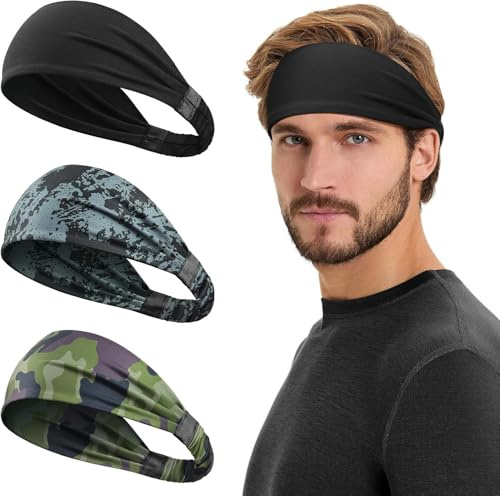 Tumurup Bandeau Sport Homme, 3 Pcs Antidérapant Bandeau Cheveux Homme Absorbant La Transpiration Serre Tete Homme Elastique Headband pour Running Fitness Gym Tennis