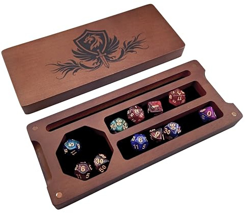 Hunmor Scatola per dadi in legno per DND, 22,9 x 10,2 cm, custodia per dadi per giochi di ruolo, organizer per dadi da viaggio, con coperchio magnetico foderato in feltro, accessori per segrete e