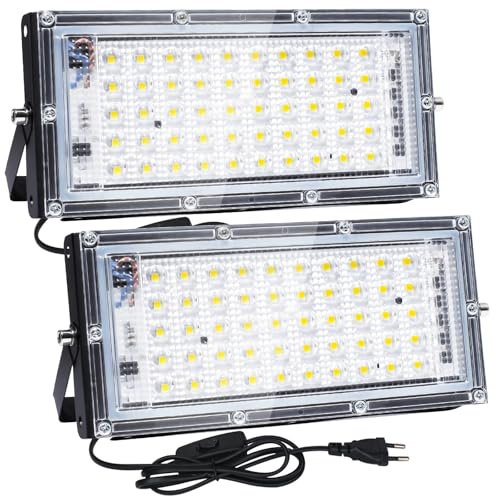 CREATESTAR Foco LED Exterior 50W, 2 Piezas Foco Proyector LED, 5000LM 6500K Blanco Frío Luz de Seguridad, IP65 Impermeable Led Exterior para Pasillo, Garaje, Patio y Jardín