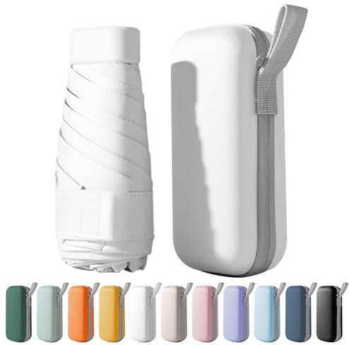 FANSEZQ Mini Ombrello da Viaggio, Ombrello Pieghevole Ultra Leggero e Portatile per Tasca - Ombrellino da Sole e Pioggia con Protezione UPF 50+ - Impermeabile e Anti-Vento (Bianco)