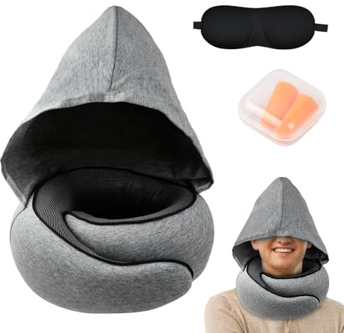 Culinavog Travel Pillow for Airplane with Hoodie, Ear Plugs, Eye Mask, Neck Pillow for Travel, Adjustable Memory Foam Neck Pillow, Neck Cushion for Plane Cars Trains Office