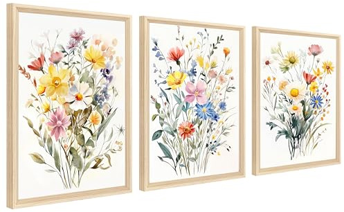 3 st färgglada bukett blommor canvasbilder i set med ram gul vit vilda blommor tusensköna bild affisch boho väggbilder vardagsrum sovrum badrum väggdekoration 30 x 40 cm x 3 st (inget plexiglas)