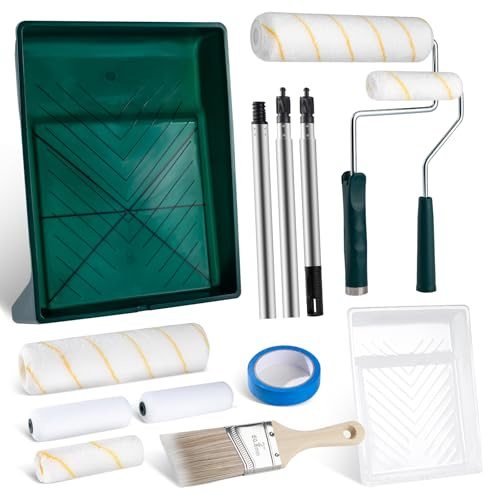 YiBaiBrush Paint Roller Kit with Extension Pole, 13 PCS Set, 9 Inch 4 Inch Paint Rollers, Paint Tray Liner, Paint Brush for Walls, Painters Tape, House Painting Supplies for All Paints & Stains (3 FT)
