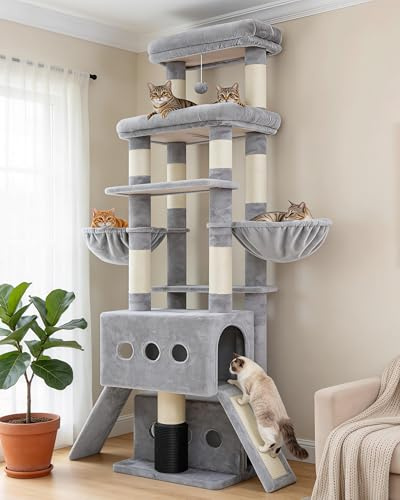 Hey-brother Rascador para Gatos, con 2 Cuevas, 2 Plataformas, MPJ085W | 181cm Árbol para Gatos, 2 Rampas Rascadoras, 2 Cestas, Cepillo Mascotas, Pelota Peluche, para Gatos Interior, Gris Claro