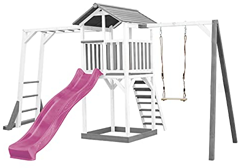 AXI Beach Tower parco giochi in legno in grigio e bianco | Torre di gioco per bambini con sabbiera, struttura per arrampicarsi, altalena e scivolo viola | Casa per bambini su palafitte per il giardino