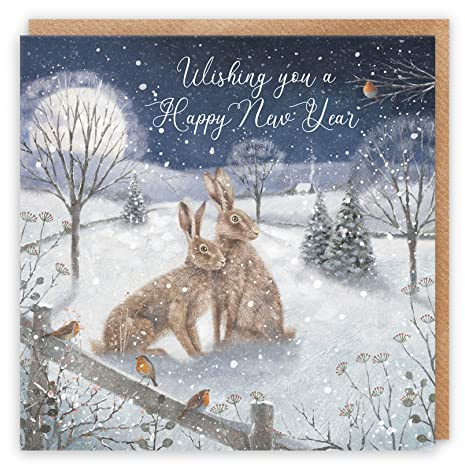 Hunts England - Happy New Year Card - 'Snowy Hares' - Wishing You A Happy New Year - Milo's Gallery Collection - For Men, Women, Family, Friends, etc.