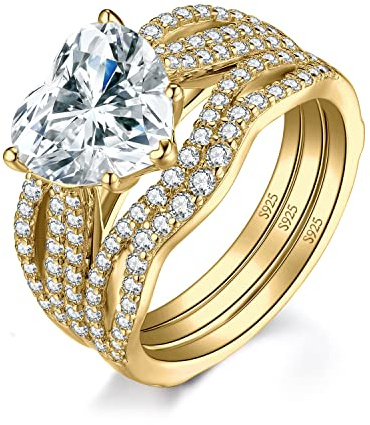 JewelryPalace 3ct Classique Solitaire Cœur Bague Zircone Cubique Argent 925 Pour Femme, Plaqué Or Jaune Or Rose Bagues Fiançailles Mariage Promesse Anniversaire Anneau Alliance, Ensemble Bijoux Bagues