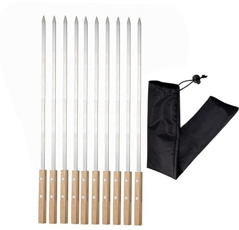 IMEEA Grillspieß 60cm Kebab-Spieße Stockbrot Wiederverwendbar Edelstahl Barbecue Grillspieße BBQ Spieße Schaschlikspieße Flach mit Holzgriff (10 Stück)