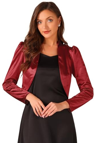 Allegra K Bolero de Satén para Mujer con Frente Abierto y Fruncido de Manga Larga Recortado Bolero Vino Rojo S