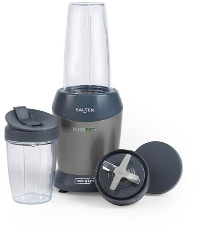 Salter Frullatore NutriPro 1000 – Frullatore portatile, spremiagrumi salutare, estrattore di nutrienti, 2 tazze da viaggio (800 ml/1 l), lama in acciaio inossidabile, 1000 W, EK2002V4SILVERFVDE