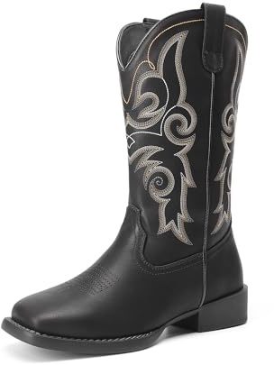 DREAM PAIRS Women's Cowboy Boots Embroidered | Square toe, cushioned arch, textured outsole, embroidery, mid-calf